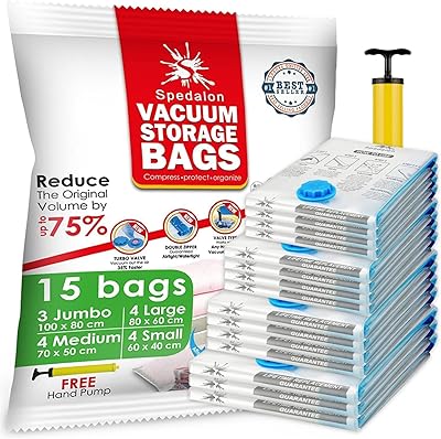 Vacuum storage bags - Package of 15 (3 Jumbo + 4 large + 4 mediums + 4 packs) Shortless reusable bags with free hand pump for travel packaging. Sealing bags for clothing, duvets, pillows, blankets, curtains.. Experience retail therapy without the financial stress at DIAYTAR NIGERIA's affordable e-commerce platform.