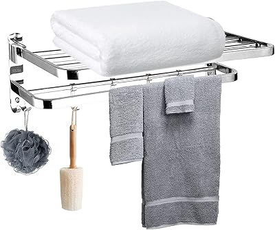 Set of bathroom towel rack with 5 removable hooks, foldable towel bars, wall support, rust resistant and water, stainless steel Sus 304, robust support to contain toilet towels and cleaning products.. Shop with purpose and save with DIAYTAR NIGERIA's extensive platform and nationwide delivery service.
