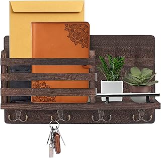 Wooden wall storage support with 4 double hooks for keys, decorative seller for entrance, elegant hanging shelf, suitable for rustic farm, kitchen and office... DIAYTAR NIGERIA: Redefining online shopping with unbeatable prices and consistent delivery times.