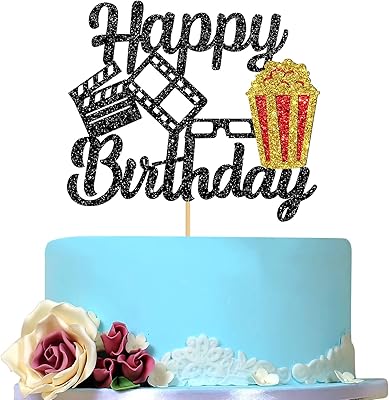 Happy Birthday Decoration of evening cinema with black glitter, film theme/Prenatal party decor, cake decoration with film projector, birthday party on the theme of popcorn theater.. DIAYTAR NIGERIA: Your partner in affordable online shopping with dependable delivery within 8 days.