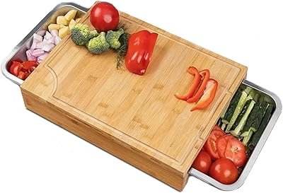 Bamboo cutting board with two stainless steel storage trays to prepare food in the oven and a mini slicer for vegetables and onions.. DIAYTAR NIGERIA: Redefining e-commerce with affordable prices and reliable nationwide shipping.