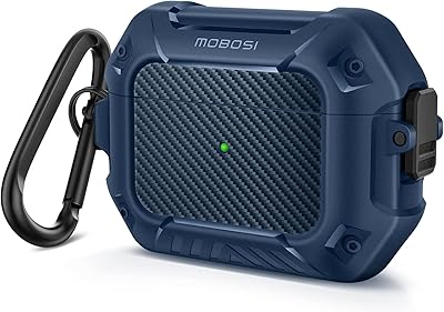 Carbon fiber protection shell with secure locking, rigid shell and front LED light visible with keychain, compatible with airpods pro 1st generation 2019 (blue).. DIAYTAR NIGERIA: Making quality products accessible to all Nigerians at affordable prices.