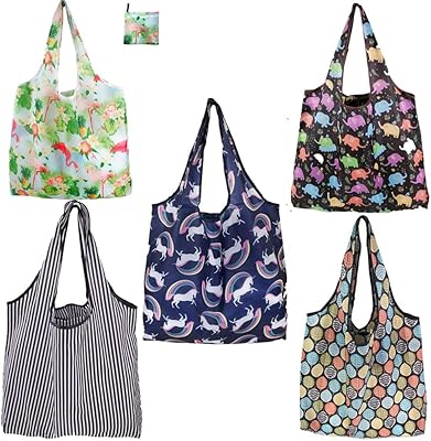 Bags of reusable races, environmentally friendly, 5 large foldable floral lunch bags in a tied nylon grocery bag that holds in the pocket.. DIAYTAR NIGERIA: Where shopping dreams come true with budget-friendly prices and nationwide shipping.