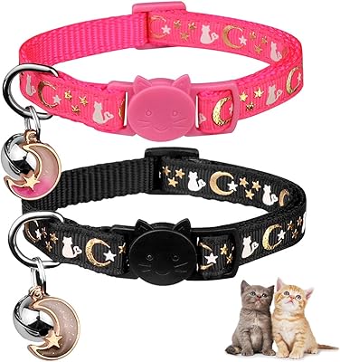 Removable necklaces for cats with bell, moons and stars, nice safe adjustable for cats with phosphorescent pendants (black and pink).. DIAYTAR NIGERIA: Your trusted e-commerce partner with extensive product choices and affordable delivery.