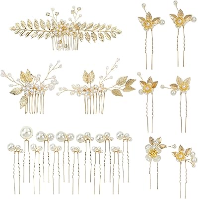 Set of side comb combings for wedding hair, gold leaves and flowers + U -shaped hair pins, men's hair accessories for women and girls, 21 pieces.. From household needs to gadgets, DIAYTAR Nigeria has it all.