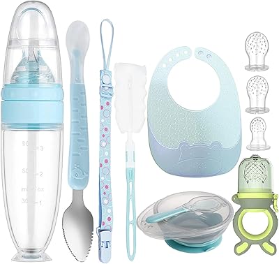 Set of 11 baby fruit feeders, baby fruit feeder, fruit teething ring with 3 silicone teat sizes, 1 baby supply spoon, 1 bib, 1 set of spoon of food supplement for baby (blue).. DIAYTAR NIGERIA brings the marketplace to your home with budget-friendly prices and nationwide delivery.