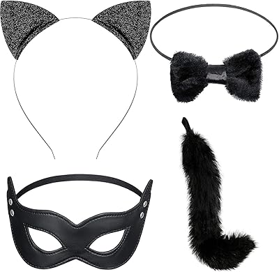 Set of 4-piece cat costumes, long fur tail in fur, set of Halloween costumes, cat ears headband, cat tail, arlequin mask for Valentine's Day, Halloween cosplay celebration.. Shop without boundaries at DIAYTAR NIGERIA, offering extensive variety at prices you'll appreciate.
