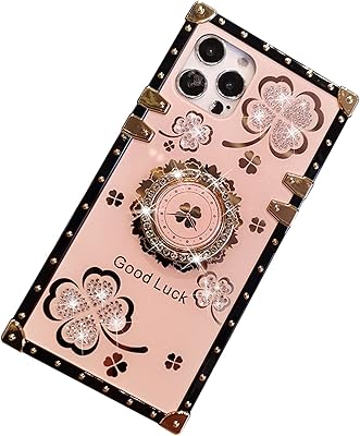 Yesunktt for iPhone 12 / iPhone 12 Pro Bling Clover Ring Holder Square Silicone Phone Case, for girls and women, Rose gold.. DIAYTAR NIGERIA transforms desires into deliveries with our affordable prices and dependable shipping.