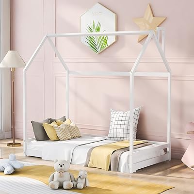 Tensun wooden double bed, wooden bed with roof for bedrooms, dormitories, children and adolescents, no upholstery required, easy to assemble, white.. DIAYTAR NIGERIA: Your trusted partner for affordable online shopping with reliable delivery timeframes.