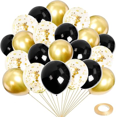 Party balloon kit - 24 golden and black latex balloons with ribbon roll for birthday party decorations, wedding balls, baby shower (12 inches).. Shop with purpose and save with DIAYTAR NIGERIA's extensive platform and nationwide delivery service.