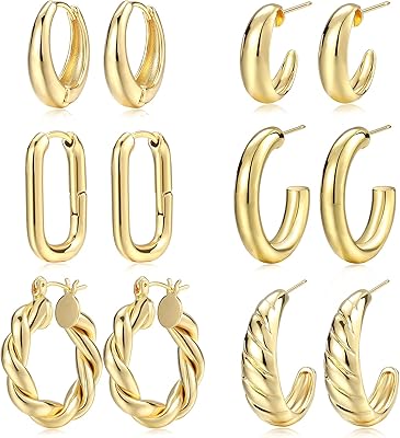 Set of golden golden earrings for women, 14 -carat gold plated, light, hypoallergenic, large open rings for gifts, brass, without precious stones.. Discover thousands of products on DIAYTAR Nigeria with delivery between 5 to 8 days across the country.