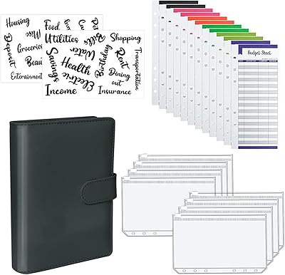 Leather budget book PU 23 pieces with silver envelopes, magnetic zipper, budgetary documents, sticker coverage, pocket budget book A6, black.. DIAYTAR NIGERIA: Putting quality products within reach of every Nigerian through our affordable marketplace.