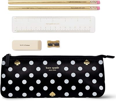 Kate Spade New York pencil bag comprising 2 pencils, a pencil tail, an eraser and a rule, school supplies, with dots (black/white).. DIAYTAR NIGERIA delivers more than products - we deliver affordable solutions within the week.