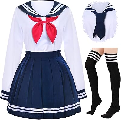 Japanese school uniform for girls, set of cosplay costumes, navy blue pleated skirt with stockings (SSF13).. DIAYTAR NIGERIA brings satisfaction with every purchase through affordable prices and prompt shipping.