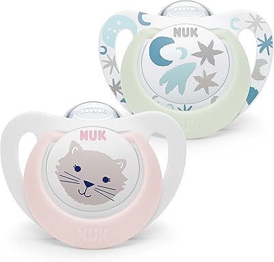 Nuk Star Night & Day pacifier for baby 0-6 months, luminous lollipop, BPA-free, silicone, pink cat, pack of 2.. Great deals and fast delivery — the DIAYTAR Nigeria guarantee.