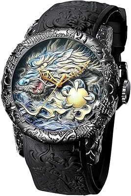 Modern quartz watch with large dial and 3D dragon pattern, luxurious and innovative, black gold.. Enjoy deals you can’t resist and delivery you can trust — DIAYTAR Nigeria.