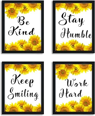 Lingola motivation wall decoration for interior decoration, sunflower motif, 4 framed pieces with inspiring quotes printed with words and positive images for adolescents, yellow color, size 20.3 x 25.4 cm.. DIAYTAR NIGERIA: Where affordable online shopping meets reliable delivery across Nigeria.