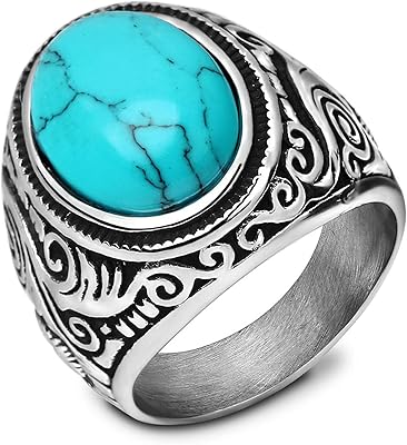 Classic turquoise stone rings for men, stainless steel biker ring.. Shop with confidence at DIAYTAR NIGERIA, enjoying competitive prices and delivery within 8 days.