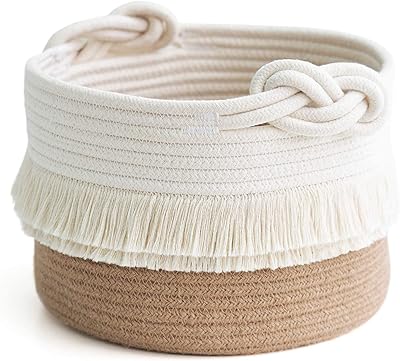 Kayson extra large decorative basket in woven cotton rope, laundry basket, coverage basket, tinge storage basket for children and dogs, baby clothes basket, towel basket, light brown (24 cm x 17.5 cm brown + white).. DIAYTAR NIGERIA: Where shopping is easy, prices are low, and delivery is just days away.