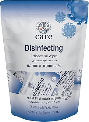 Antibacterial disinfectant damp wipes Care 70% IPA - Pocket (25 pieces).. DIAYTAR NIGERIA brings the marketplace home to you with affordable prices and delivery in 5-8 days.