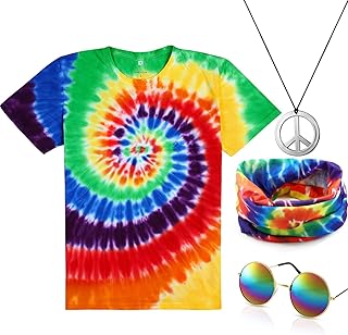 Set of 4-room hippie clothing, including a colored knot t-shirt with a sign of peace, a headband and sunglasses for a theme evening.. Shop local, shop fast — DIAYTAR Nigeria delivers across the country.