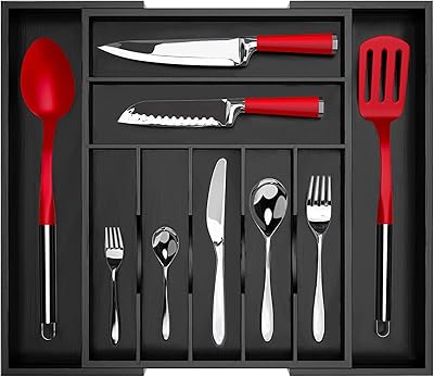 Organizer of Extensible and Adjustable Bamboo Kitchen Drawer - Covers and cutlery holders with Rainted Drawer separators for cutlery and kitchen utensils (black).. DIAYTAR NIGERIA brings the market to your screen with thousands of affordable products delivered to your door.