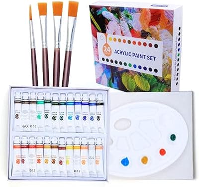 Complete set of 24 -colored acrylic paint including 4 brushes and 1 canvas palette for beginners, students and professionals, perfect for canvas, wood, fabric, ceramics and more - bright colors (D.U).. DIAYTAR Nigeria: Where affordability meets speed and quality.