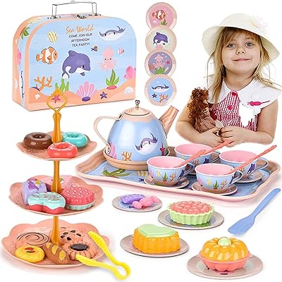 Am Anna Set of 45 pieces for underwater tea festival for girls of 3, 4, 5, 6 years old, tea game toy including a tin tea service, a transport case and desserts, preschool kitchen toys (tea service in the sea world).. Shop with confidence at DIAYTAR NIGERIA, offering extensive product variety with nationwide delivery.
