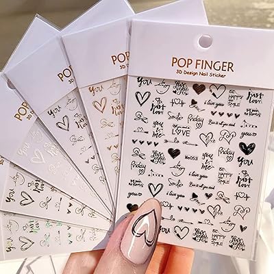 6 sheets of 3D stickers stickers for nails, black, white, gold, silver, laser, heart of love, English letters for acrylic nails, nail accessories from Valentine.. Shop confidently with DIAYTAR NIGERIA, offering affordable prices and reliable delivery within a week.