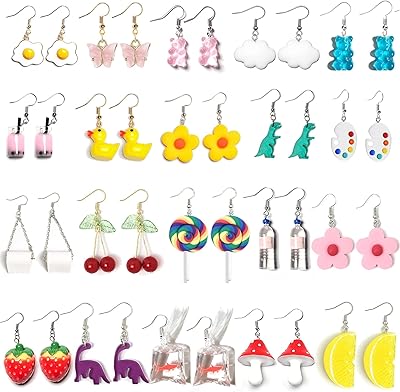 Earrings, 20 pairs of cute and funny earrings in the shape of a duck, bear, red fish, dinosaur, water bottle, mushroom, butterfly, strawberry, set for women and girls, noma, resin material, without precious stones.. DIAYTAR NIGERIA: Where every purchase is affordable and delivery is always within a week.
