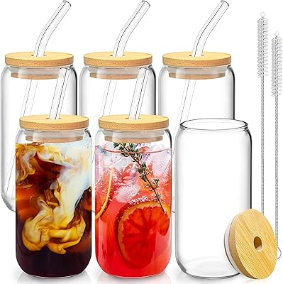 [Set of 6] glass cups with bamboo cover and glass straw - drinking cups in the shape of a beer can, iced coffee cups of 16 oz/480 ml, cute cup for smoothie, boba tea, whiskey, water.. DIAYTAR NIGERIA revolutionizes e-commerce with our affordable prices and dependable delivery timeframes.
