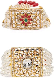 Superb traditional gold -plated metal bracelet with pearls and kundan, set of 2 (red, gold, zpfk9052), pearl, stone, kundan.. Your shopping aspirations fulfilled at DIAYTAR NIGERIA with competitive prices and reliable delivery.