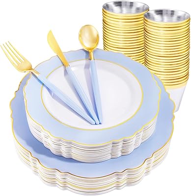 150 pieces in blue plastic plastic with golden edge and silverware.. DIAYTAR NIGERIA brings the nation's largest product catalog to your doorstep at prices you'll appreciate.