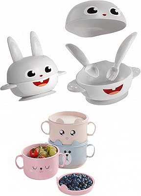 Set of cute baby food dishes of 2 bowls and gray plate, set of spoon to fork with baby ear hole, babies learn to eat, anti-fall silicone suction to stay clean.. Fast delivery, fair prices, and full variety — only on DIAYTAR Nigeria.