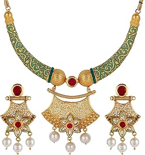 Traditional Indian jewelry set Bollywood gold plated 14 carats with Kundan pearls for wedding, metal stone, unknown.. DIAYTAR NIGERIA: Your partner in affordable online shopping with dependable delivery within 8 days.