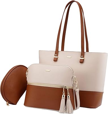 Brandshow Large Tout-Tout Top Bag for Women, Multipurpose PU leather, set of 3 rooms (white and brown), multicolored.. DIAYTAR NIGERIA brings the market to your fingertips with affordable prices and prompt delivery service.
