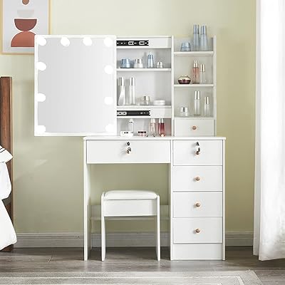 Dressing room with light mirror, modern storage makeup table with 5 drawers and a white bench (H1906).. Your favorite online marketplace — DIAYTAR Nigeria delivers quick and cheap.