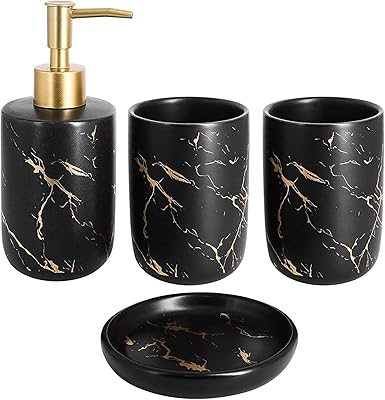 Set of bathroom accessories, 4 rooms of complete marble bathroom accessories for modern decoration, counter organizer, toothbrush holder, lotion distributor, bag holder and cup (black).. DIAYTAR NIGERIA brings the marketplace home to you with affordable prices and delivery in 5-8 days.