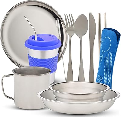 Set of camping crockery 10 pieces - Kit of stainless steel camping disorder with net bag for campsite, hiking, hiking - full set of campsite dishes with cup, plate, bowl and cutlery (with zipper bag).. Discover the perfect balance of price and convenience with DIAYTAR NIGERIA's nationwide e-commerce platform.