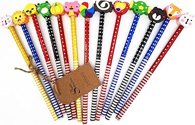 Package of 13 striped cartoon pencils with colorful eraser for animals, fun wooden pencils for children, party decorations, school and office supplies (13).. Your digital shopping destination, DIAYTAR NIGERIA combines variety with affordability and quick delivery.