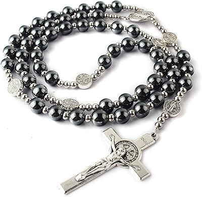 8 mm black blood stone rosary with 4 mm stainless steel beads and pendant in metal pearls from Saint Benedict with medal and cross for men and women, blood stone, cross cross.. DIAYTAR NIGERIA: Bringing quality products to your doorstep at prices that won't break the bank.