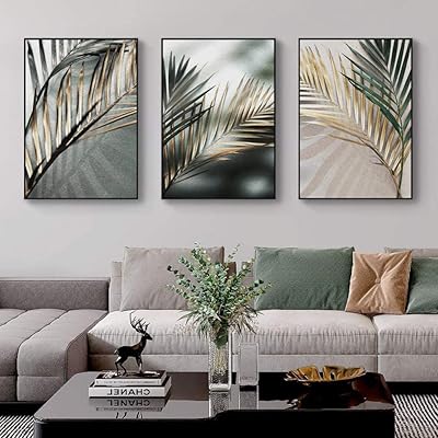 Art on canvas of golden palm leaves, display of Scandinavian wall art, interior decoration painting without frame (50 x 70 cm, 3 pieces).. DIAYTAR NIGERIA brings quality products to every corner of Nigeria at prices everyone can afford.