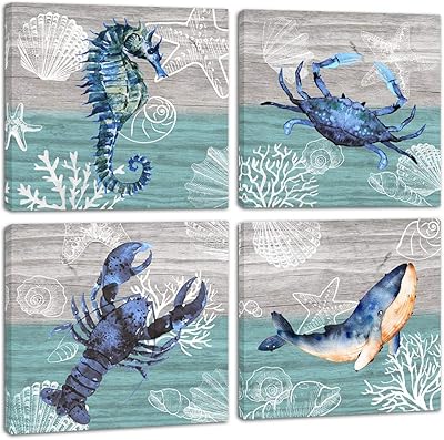 Yethoyy Mural Art with a pattern of marine and oceanic animals, composed of 4 panels printed on canvas, ready to hang, size 12 x 12 inches.. DIAYTAR NIGERIA: Your trusted marketplace that combines variety, affordability and reliable shipping.