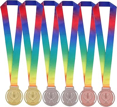 Awarded metal medals Gouget Gold Silver Bronze with rainbow ribbon for competitions, parties, Olympic style, 52 g, 2.56 ", 6 pieces.. DIAYTAR NIGERIA brings retail convenience to your screen with affordable prices and dependable shipping.