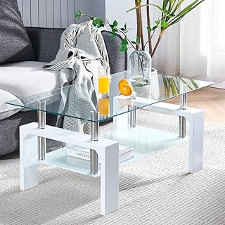 Rectangular coffee table for living room, glass coffee table for waiting room, modern coffee table with wooden feet, rectangular table with lower shelf, white.. Shop the future with DIAYTAR NIGERIA - thousands of products, unbeatable prices, delivery within a week.