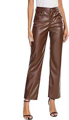 Myissesa relaxed pants in synthetic leather for women high for women, straight cut, soft leather with pockets.. DIAYTAR NIGERIA: Your affordable gateway to thousands of products delivered promptly nationwide.