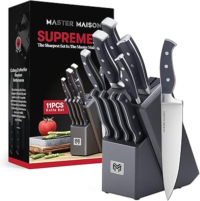 Set of luxury kitchen knives Master house 11 rooms with wooden block | German stainless steel cutlery with knife sharpener and 4 steak knives (gray).. DIAYTAR NIGERIA: Where every Nigerian finds affordable products delivered within the week.