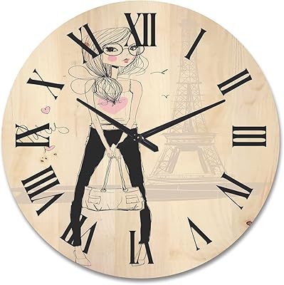 Designq 'Cute Girl by the Tour Paris Tour Eiffel' Wooden Wall Clock for children.. DIAYTAR NIGERIA stands as your affordable shopping ally with nationwide delivery in just 5-8 days.