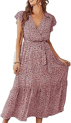 Mid-length dress with floral print for women, V-neck, bohemian style, loose, silk muslin, summer, relaxed, ruffle, short sleeves, line A, Long Dress.. Your everyday shopping companion, DIAYTAR NIGERIA offers unbeatable value with nationwide delivery.