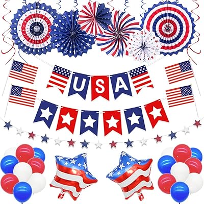 Set of patriotic decorations of 44 pieces - Red, white and blue commemorative festive supplies, banner of the Flag of the United States, stars strings, hanging swirls, balloons, portable flags.. Your complete shopping solution, DIAYTAR NIGERIA offers extensive variety with budget-friendly delivery.